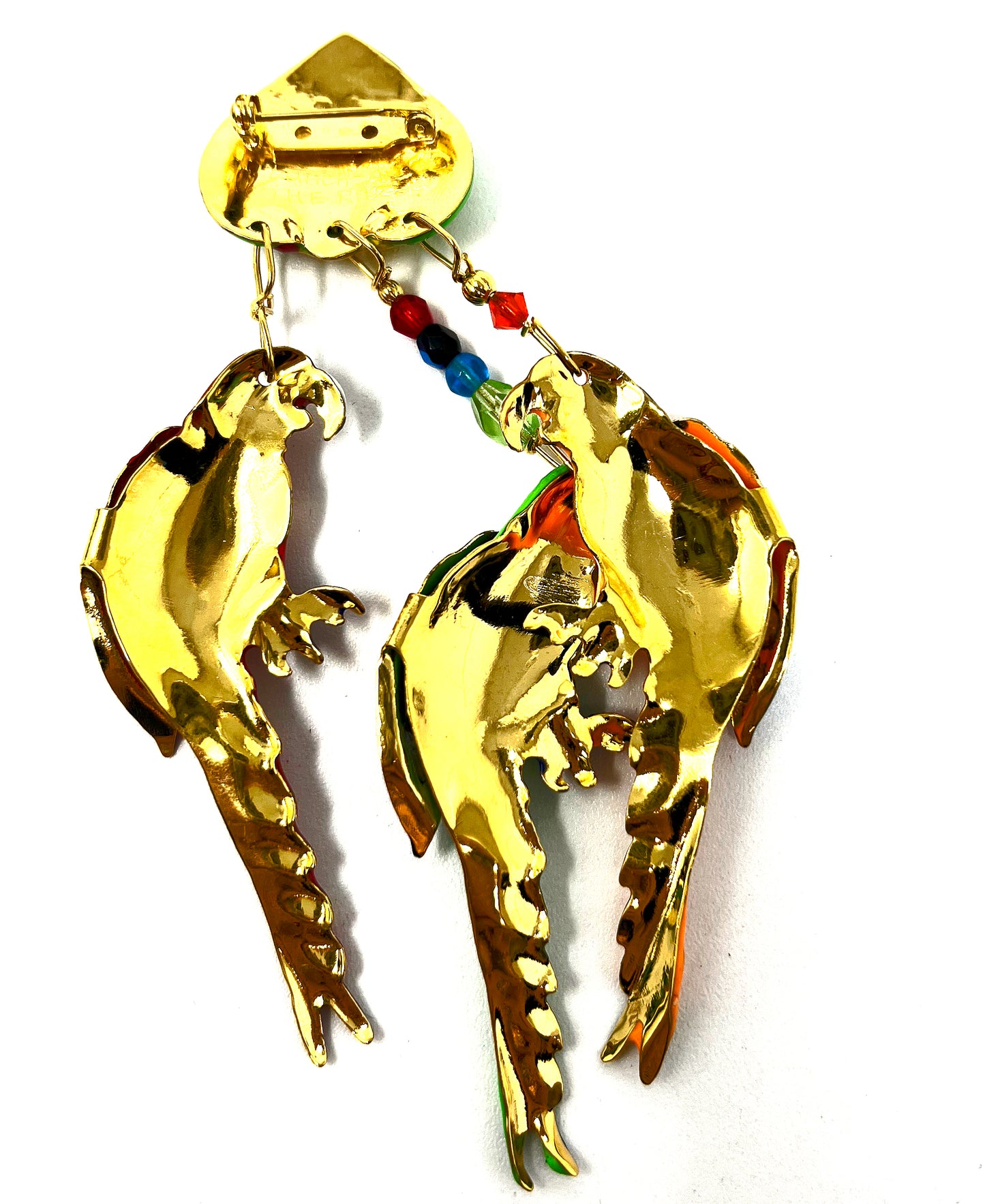 Signed Lunch At The Ritz Lively Enameled Multi-Colored Parrot Dangle Brooch