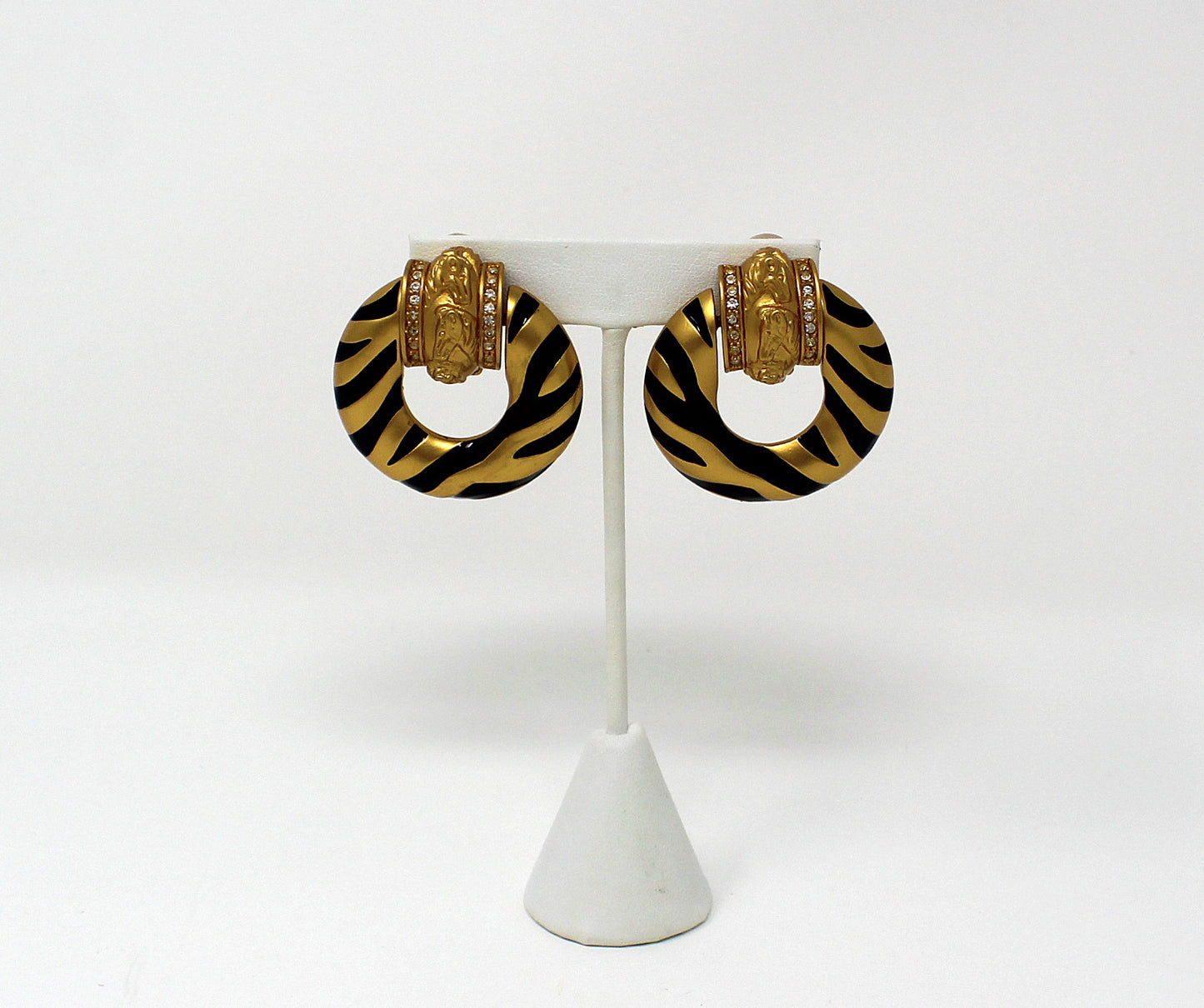 Signed Elizabeth Taylor Animal Stripe Themed Door Knocker Clip-On Earrings