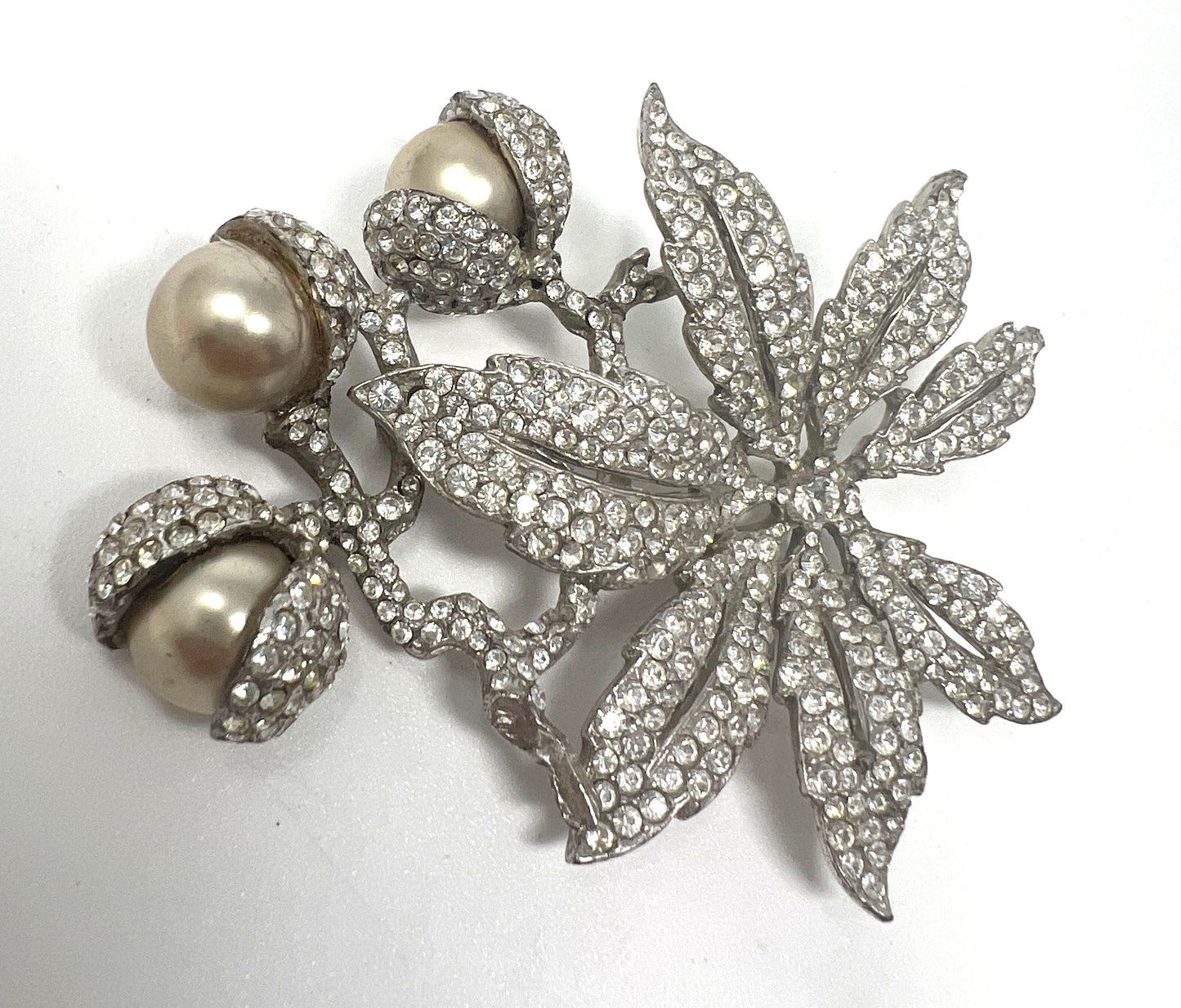 Signed Staret Clear Floral Brooch with Three Large Faux Pearls