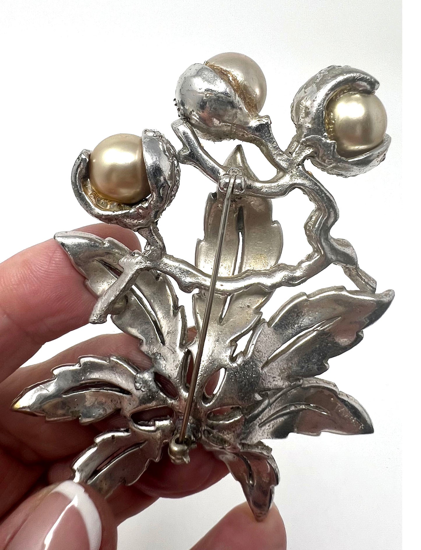 Signed Staret Clear Floral Brooch with Three Large Faux Pearls