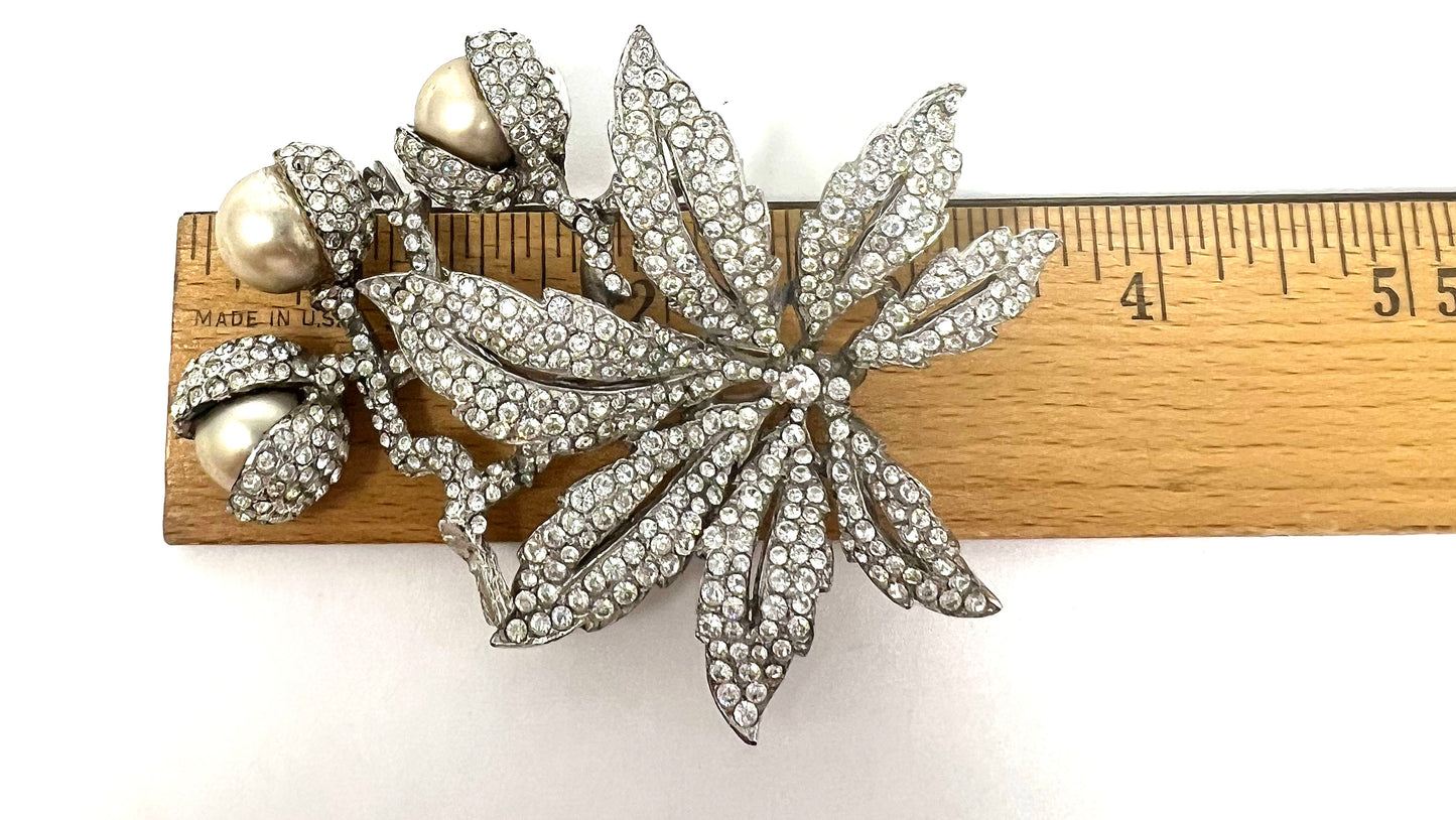 Signed Staret Clear Floral Brooch with Three Large Faux Pearls