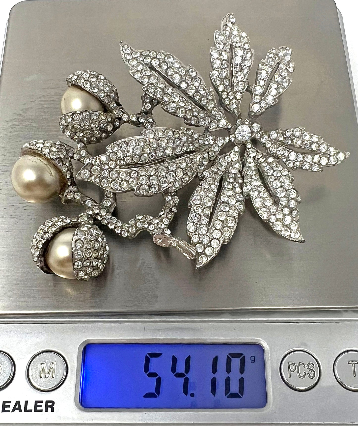 Signed Staret Clear Floral Brooch with Three Large Faux Pearls