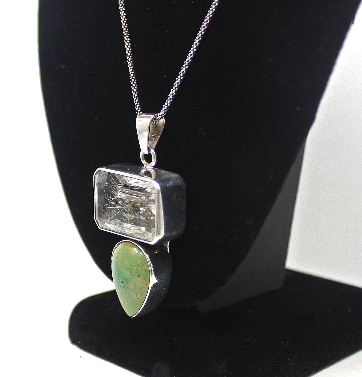 Signed OBSIDIAN Large Rutilated Quartz Green Agate and Sterling Silver Pendant Necklace