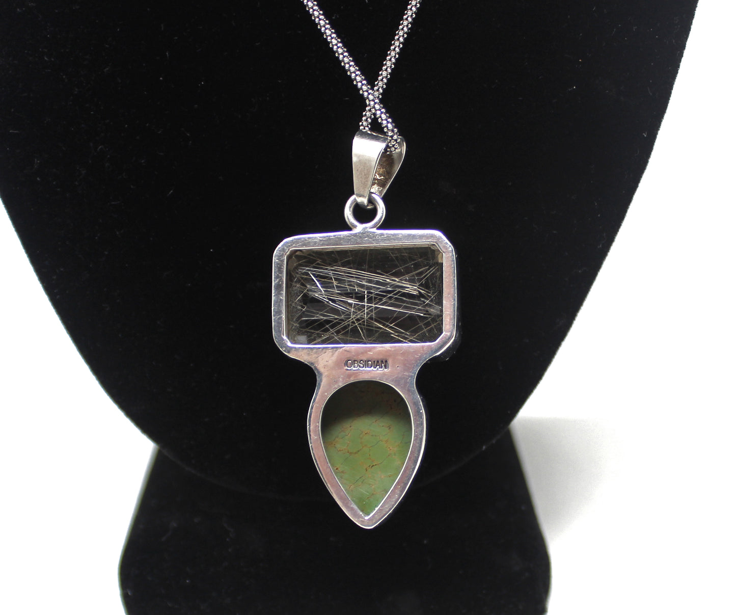 Signed OBSIDIAN Large Rutilated Quartz Green Agate and Sterling Silver Pendant Necklace