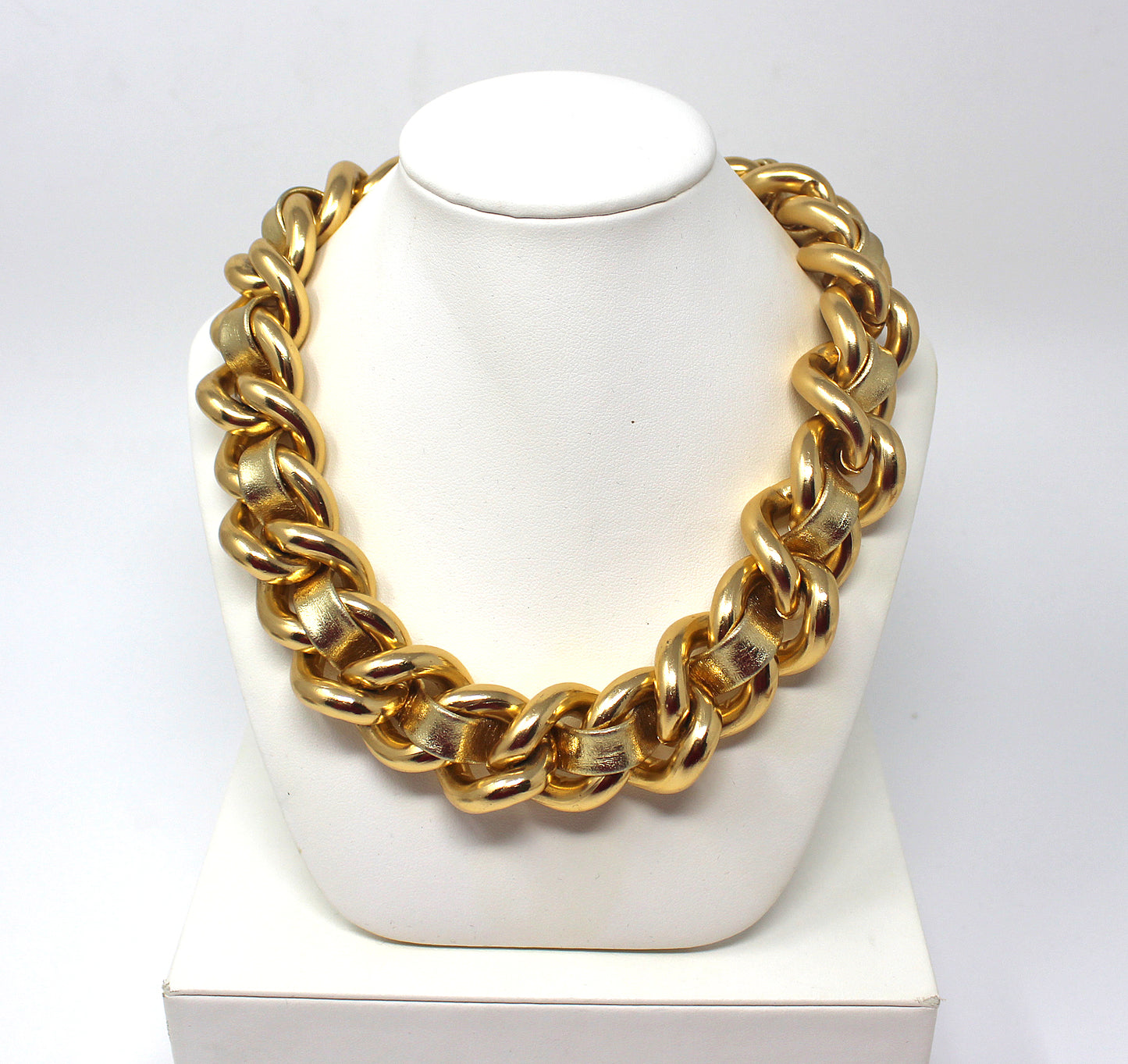 Signed Erwin Pearl Large Gold Link Necklace with Gold Tone Leather