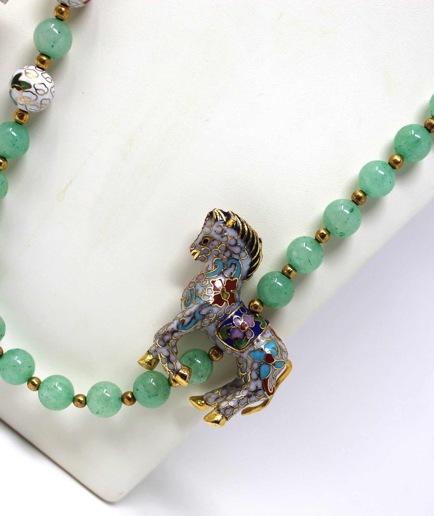 Aventurine Beaded Necklace with Cloisonne Horse and Matching French Hook Earrings