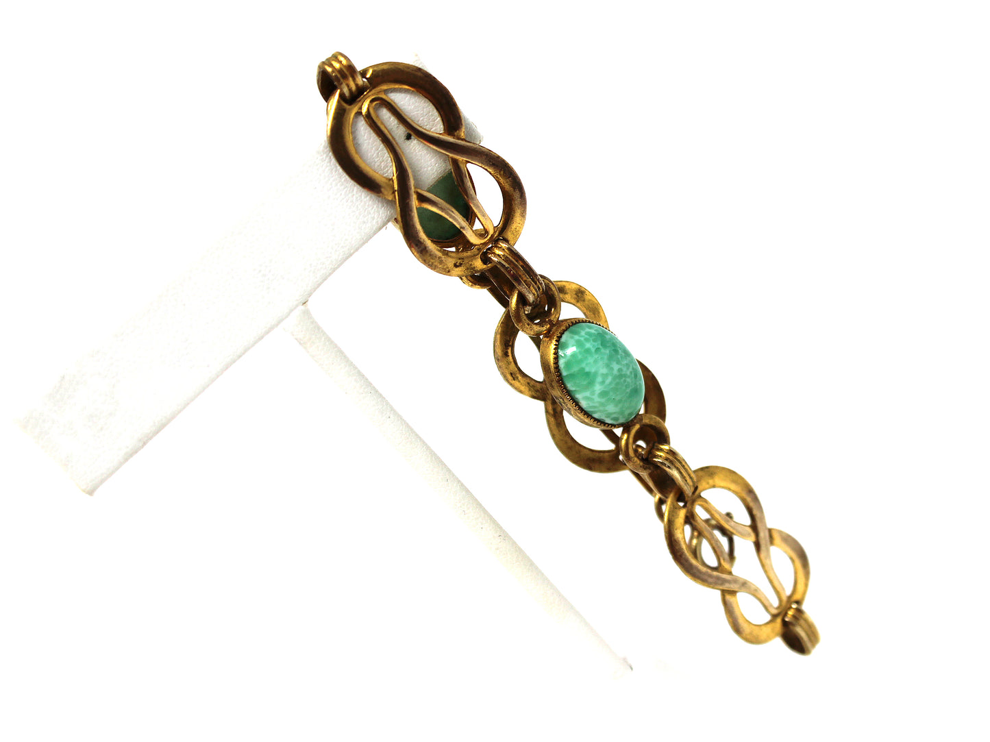 Vintage Celtic Style Link Bracelet with Mottled Green Glass Cabochons